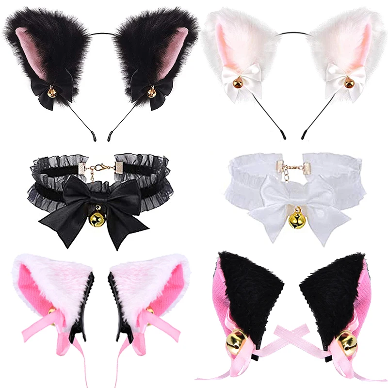 

1Set Cat Ear Headband With Bells Chocker Necklace Plush Furry Cat Ears Hairband Women Girls Party Cosplay Headwear Fancy Dress