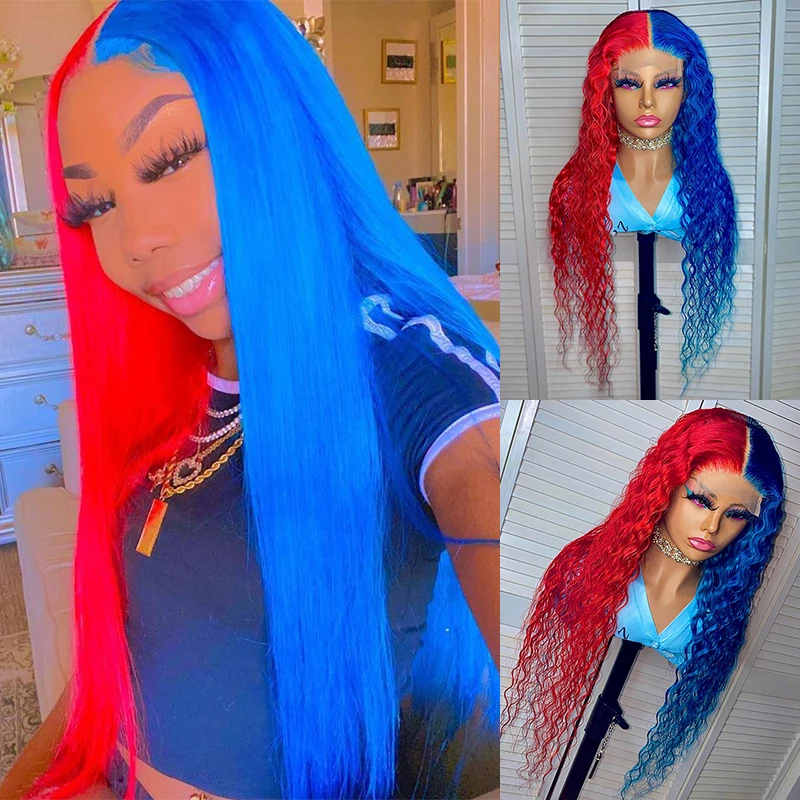 Kinky Curly Half Red Half Blue 30 Inch Highlight Synthetic Lace Front Preplucked Drag Queen Straight Cosplay Wig For Black Women