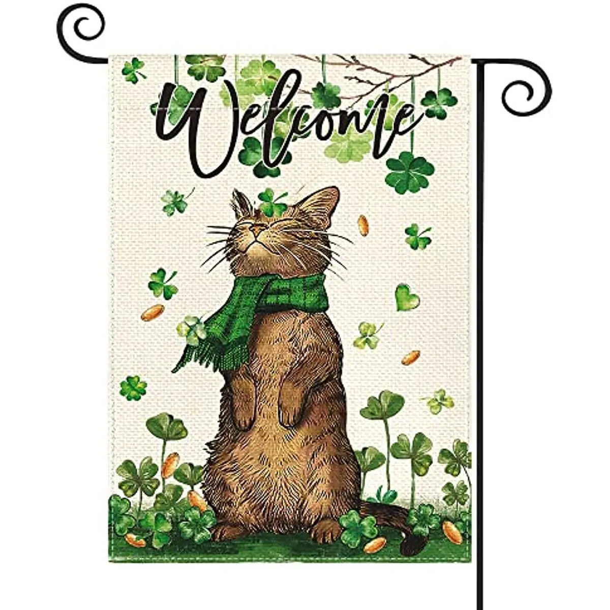 

St Patricks Day Welcome Cat Garden Flag 12x18 Inch Double Sided Shamrock Lucky Clover Rustic Holiday Yard Outdoor Flag