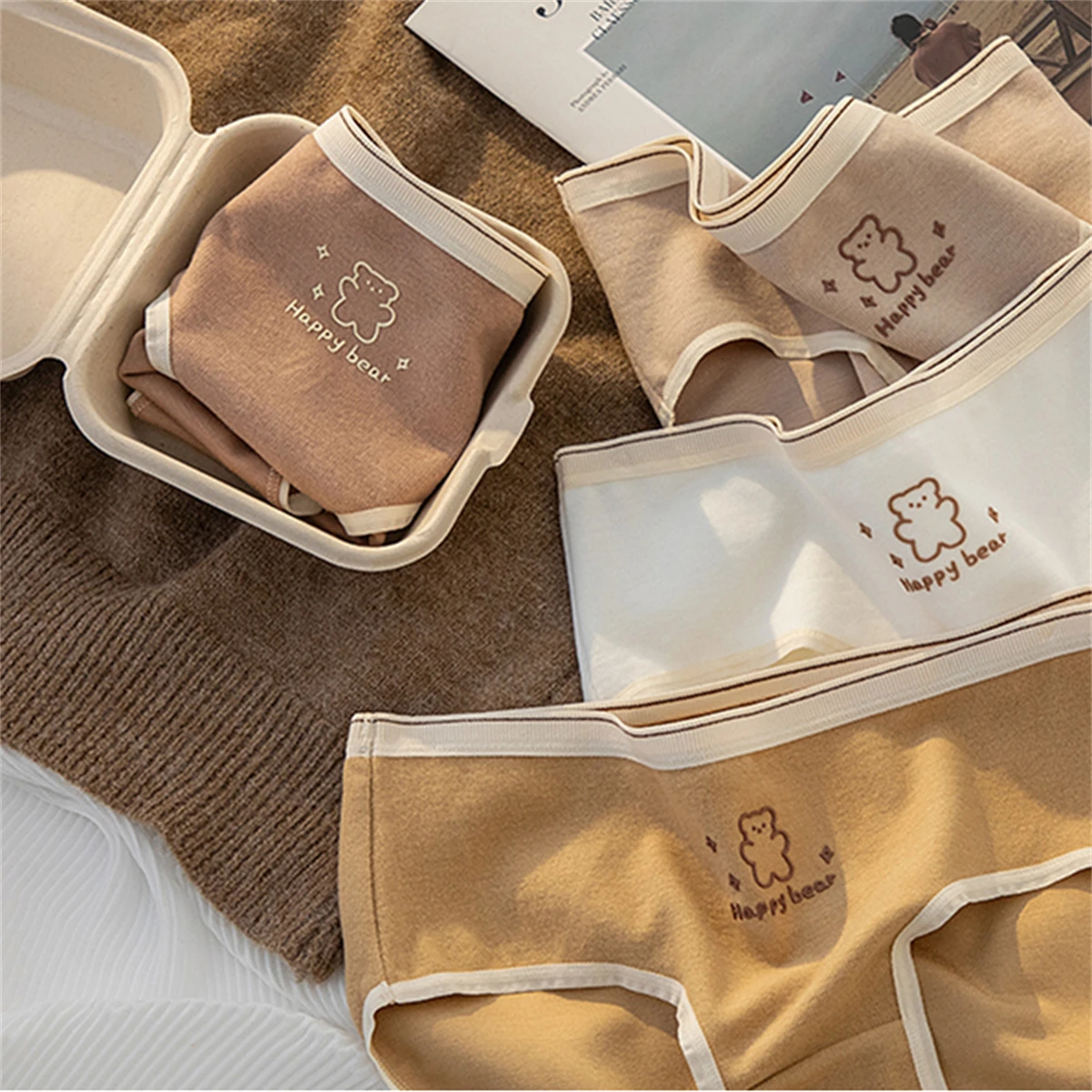 

Japanese College Style Sweet Girls Panties Cotton Cute Printing Happy Bear Letters Solid Color Leisure Autumn Warm Women Briefs