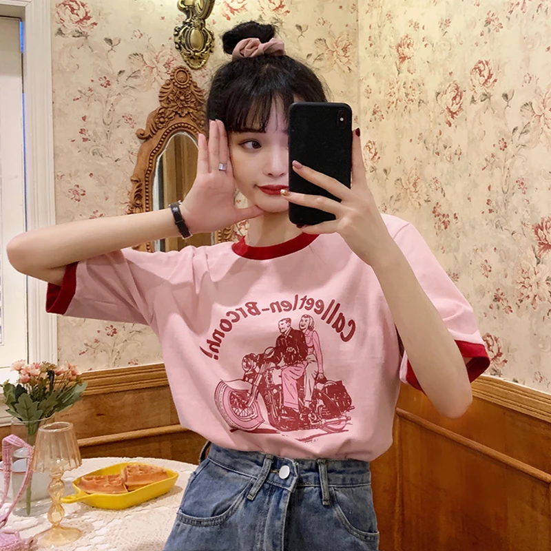 

American Spice Girls short sleeve T-shirt women's summer 2022 New Retro color matching round neck printed loose short sleeve top