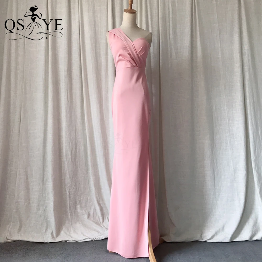 

One Shoulder Pink Evening Dresses Simple Sheath Stretchy Prom Gown Ruched Bodice Party Sexy Split Plain Women Fit Formal Dress