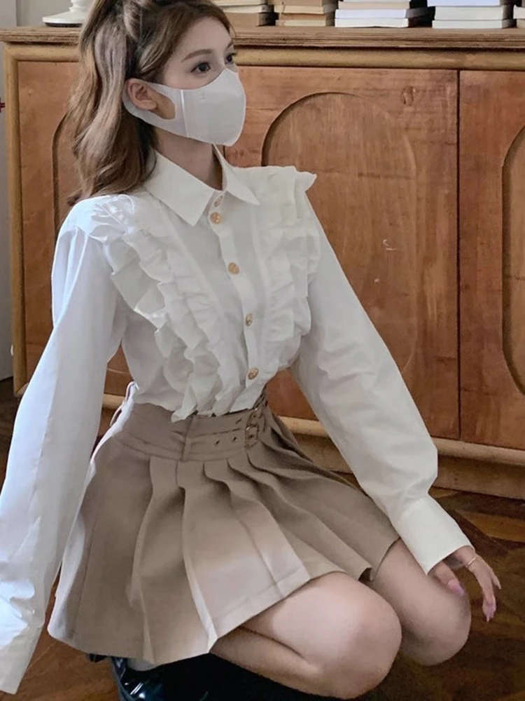 Белая рубашка с оборками для женщин ранняя весна французская дизайнерская