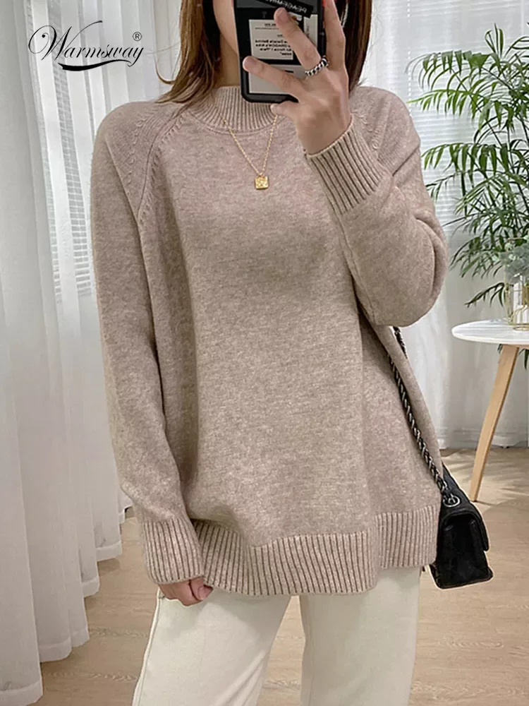 

Women Mock Neck Pullovers Sweater High Quality Oversized Jumper Split Fall Winter Clothes Beige Purple Green 8 Colors C-232