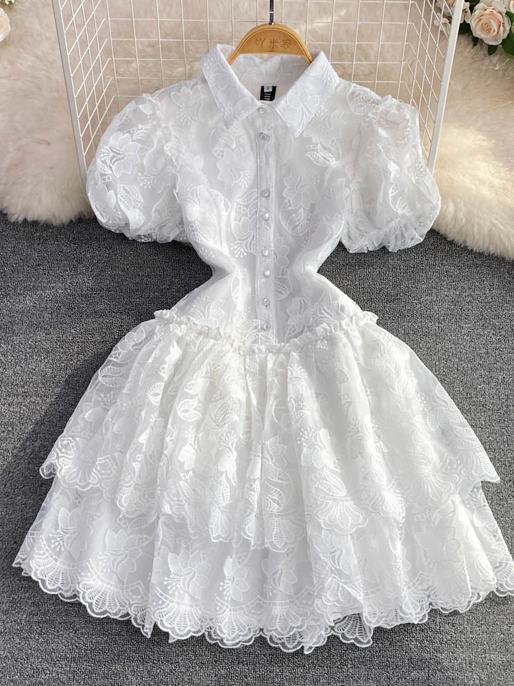 

Женское однобортное платье в стиле ретро, белое платье-трапеция с вышивкой, отложным воротником и рукавами-фонариками, модель D3093 на лето, 2023