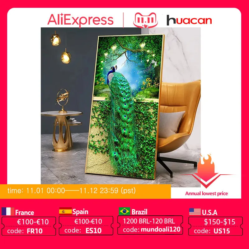

HUACAN 5d Diamond Painting Peacock Full Drill Square Diamond Embroidery Mosaic Animals DIY Home Decoration