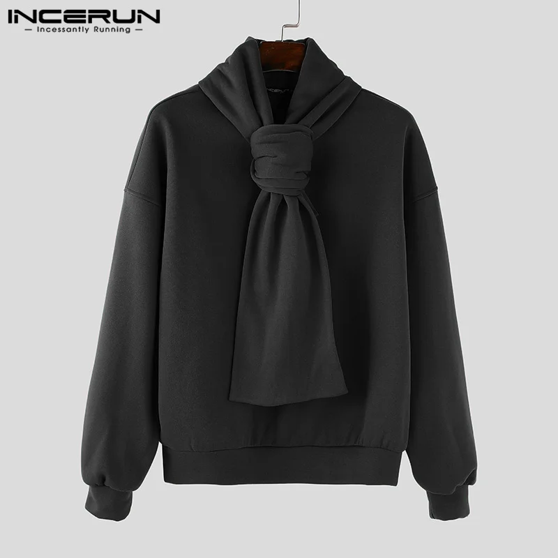 INCERUN 2024 New Men's Autumn Sweatshirts Cape Neck Tie Up Solid Color Long Sleeve Warm Pullovers Casual Stylish Hoodies S-5XL