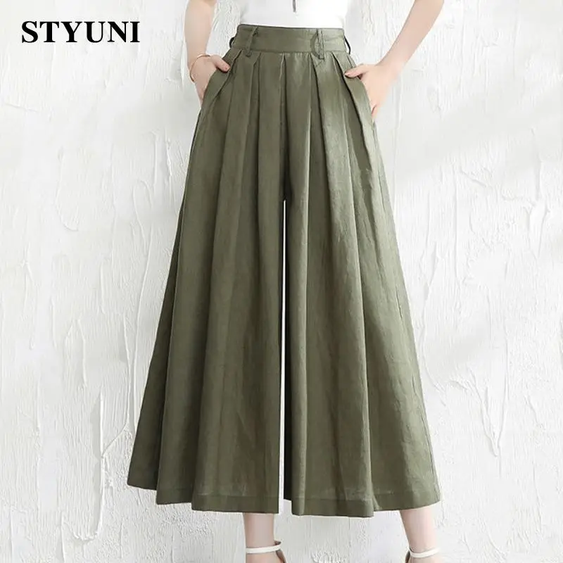 

Брюки женские хлопково-льняные свободные с широкими штанинами, модные однотонные штаны до щиколотки в Корейском стиле с эластичным завышенным поясом, 2022