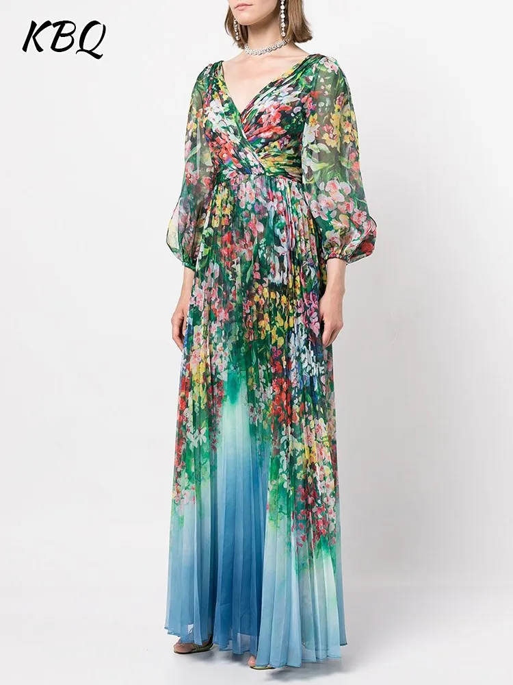 

KBQ Floral Printing Spliced Folds Dresses For Women V Neck Lantern Sleeve High Waist Hit Color Casual Dress Female Fashion Style