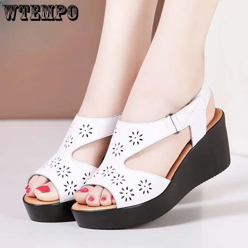 WTEMPO Women Wedge Sandals Summer Fashionable Hollow Platform Mother Shoes Comfortable and Versatile Fashion Retro Sandals