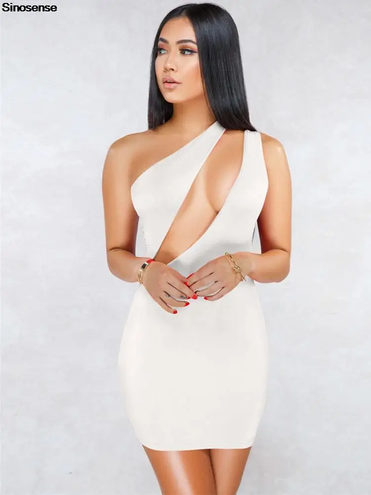 

Соблазнительное мини-платье на одно плечо без рукавов с вырезом для вечерние клуба однотонное Белое Женское облегающее мини-платье с откры...