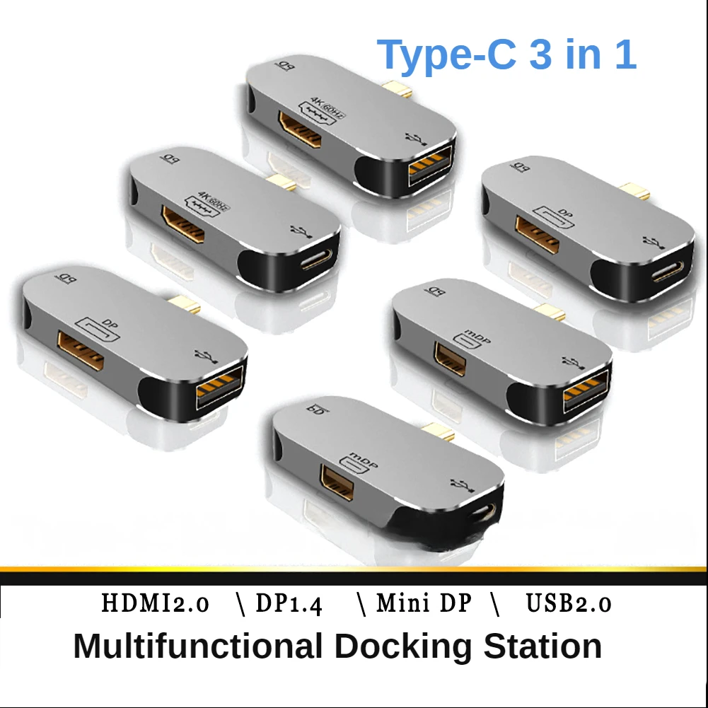 

3 in 1 USB Hub Type C To HDMI-compatible/DP/Mini DP Adapter 100W PD Fast Charging USB-C Docking Station for Macbook Pro 4K@60Hz