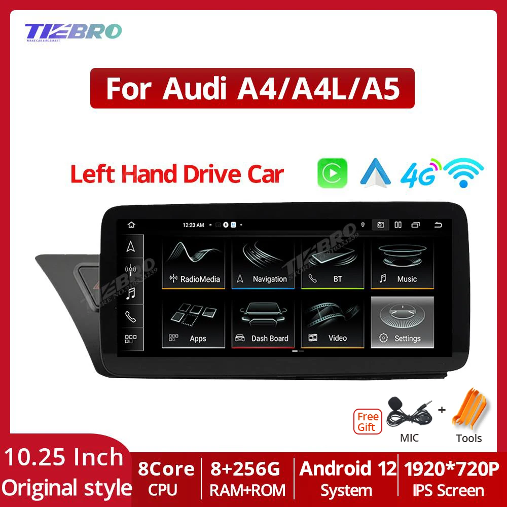 

Мультимедийный плеер TIEBRO, 10,25 дюйма, Android 12, для Audi A4 A4L A5 LHD 2009-2017, автомобильное радио, стерео, 1920*720P, Carplay, Bluetooth 8 + 256G