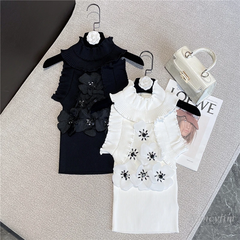 

2022 Summer Sweet Tank for Women New Korean Style Flowers Ruffled Collar Sleeveless Skinny Stretch Knitted Top White Black