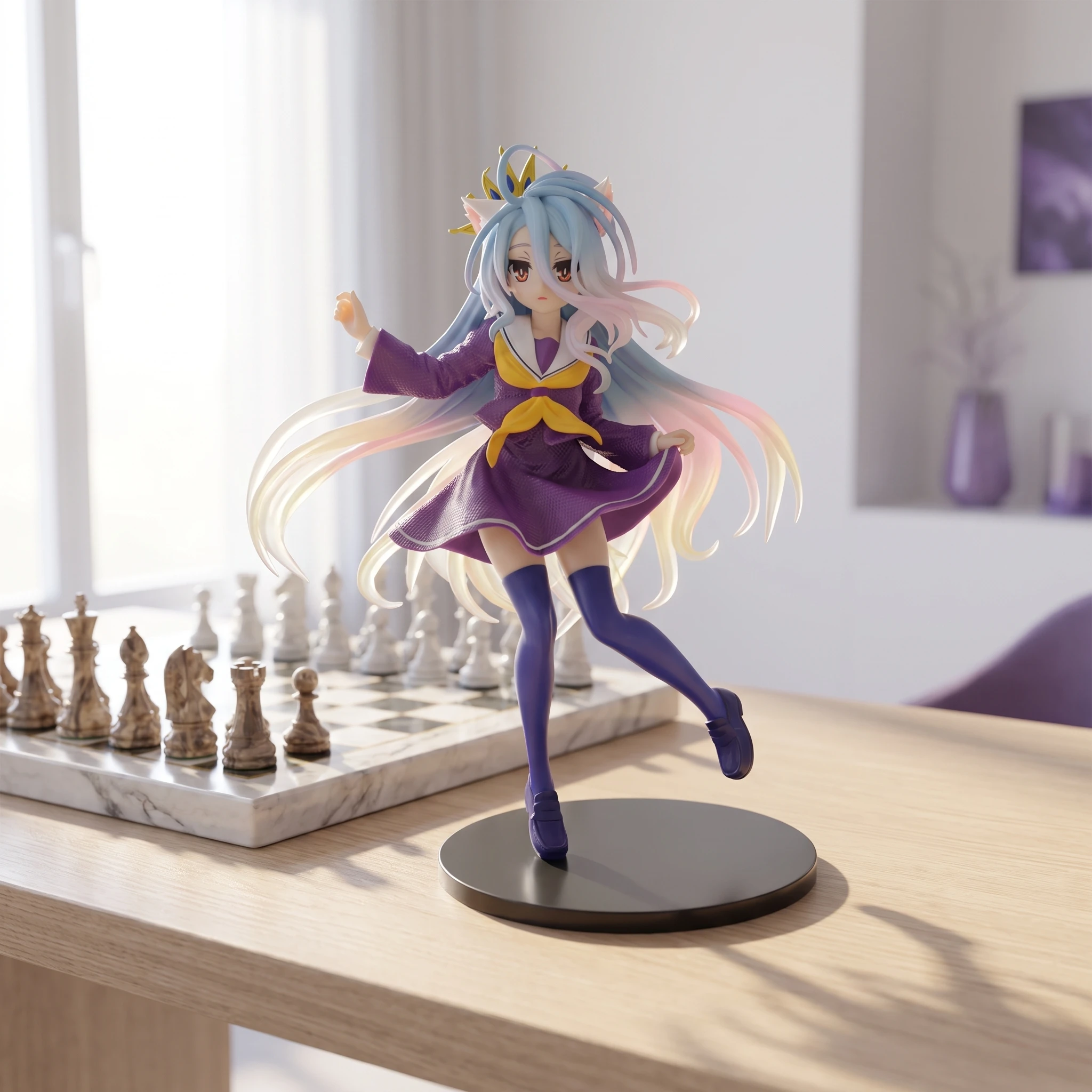 Фото Коллекционная статуэтка в стиле No Game No Life: Аниме-фигурка с градиентной прической и униформой, на подставке, для декора рабочего стола №4