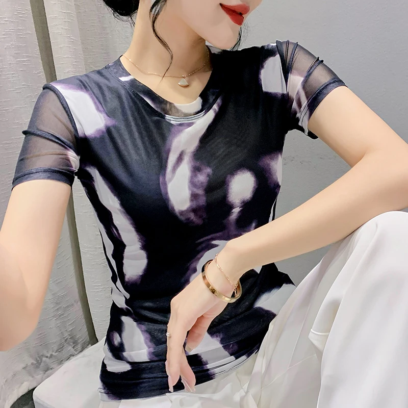 

2023 Summer Fashion Gauze Printing Short Sleeve Round Neck T-shirt Slim Tight Bottoming Shirt Mesh Women Clothing Vintage Tee