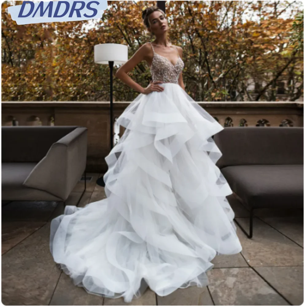 

Sexy V-neck Backless Dress For Bride Elegant Spaghetti Straps Bridal Gown Sparkly Sequins Beads Wedding Dress Robe De Mariée