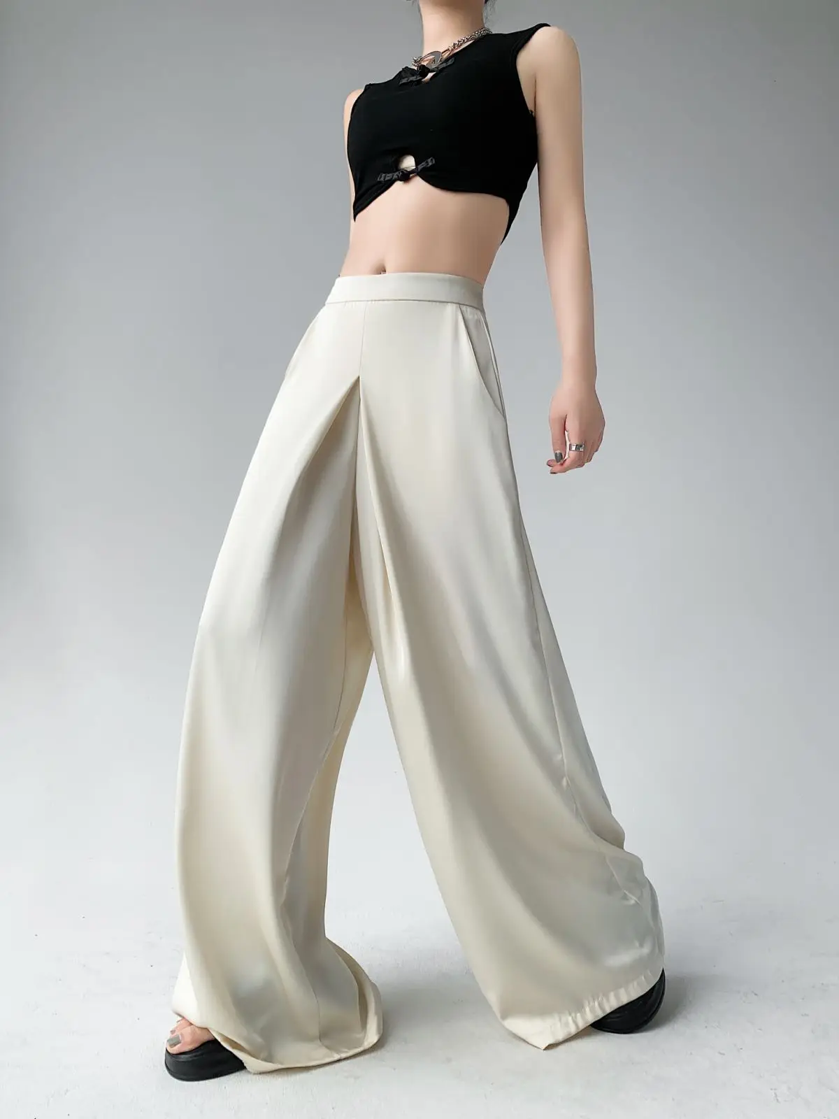 Женские костюмы из ацетатного атласа с высокой талией свободные брюки широкими