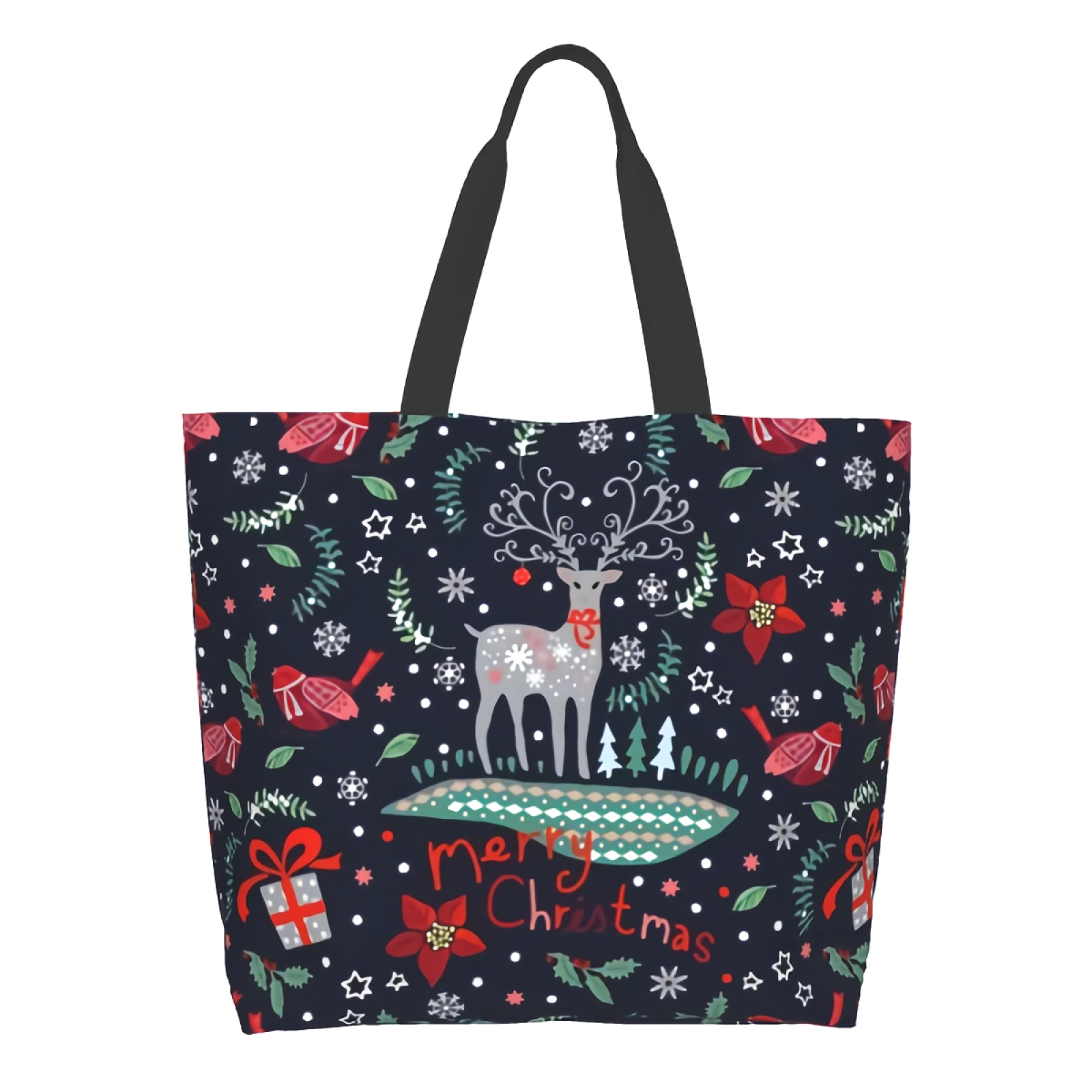 

Рождественская очень большая продуктовая сумка с оленем и птицей, многоразовая сумка-тоут для покупок, дорожная сумка-тоут для хранения, су...