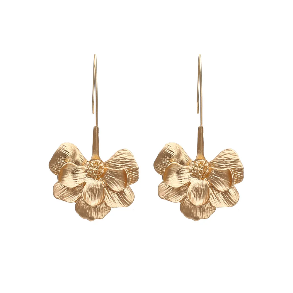 Simple long alloy flower earrings versatile metal hook earrings