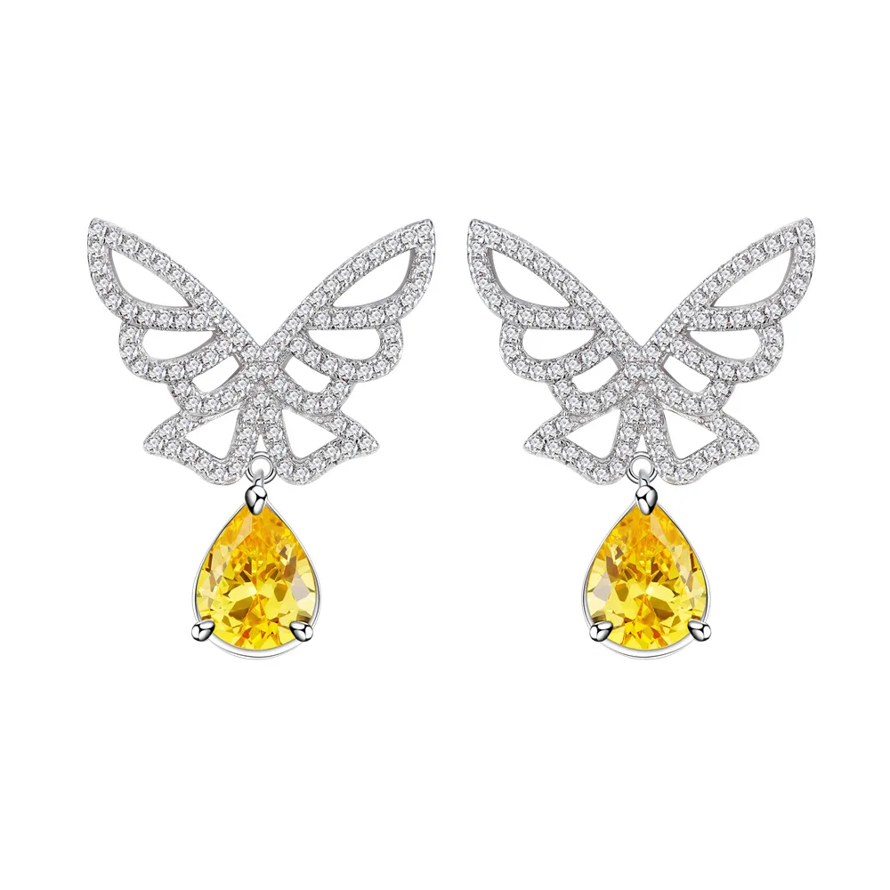 

Fashionable Light Luxury Hollow Full Diamond Butterfly Tassel 7 * 9mm Goose Yellow High Carbon Diamond 925 Silver Earrings