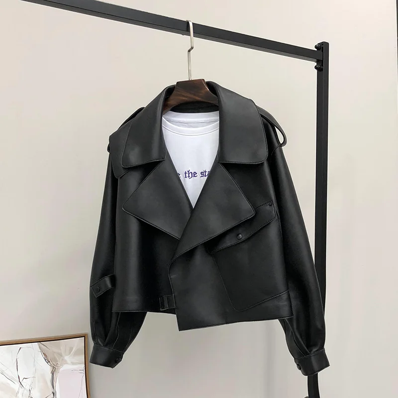 

FMFSSOM 2022 Spring Women Short Faux Leather Jacket Single Button Black Moto Biker Windproof Coat Warm Turn Down Collar Outwear