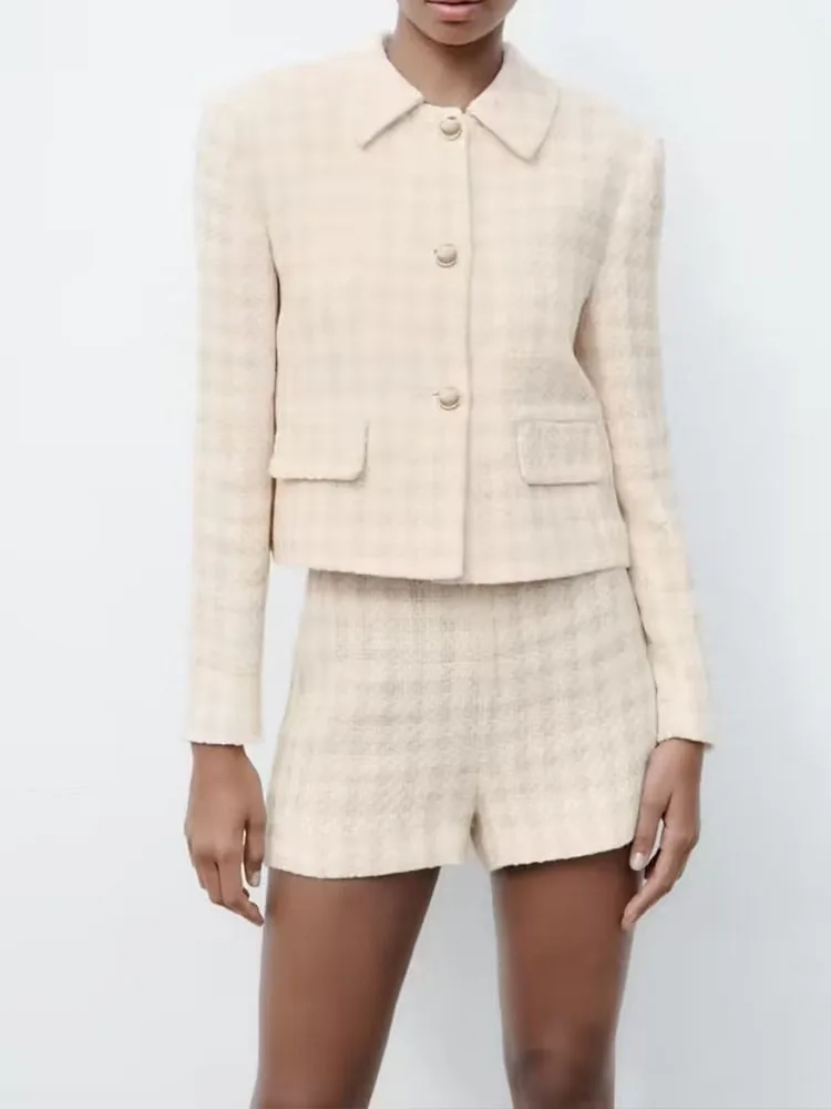 

New Women's 2023 Featuring a Flap on the Front with Gold Buttons on the Front Closed Checker Textured Casual Shorts Suit Coat