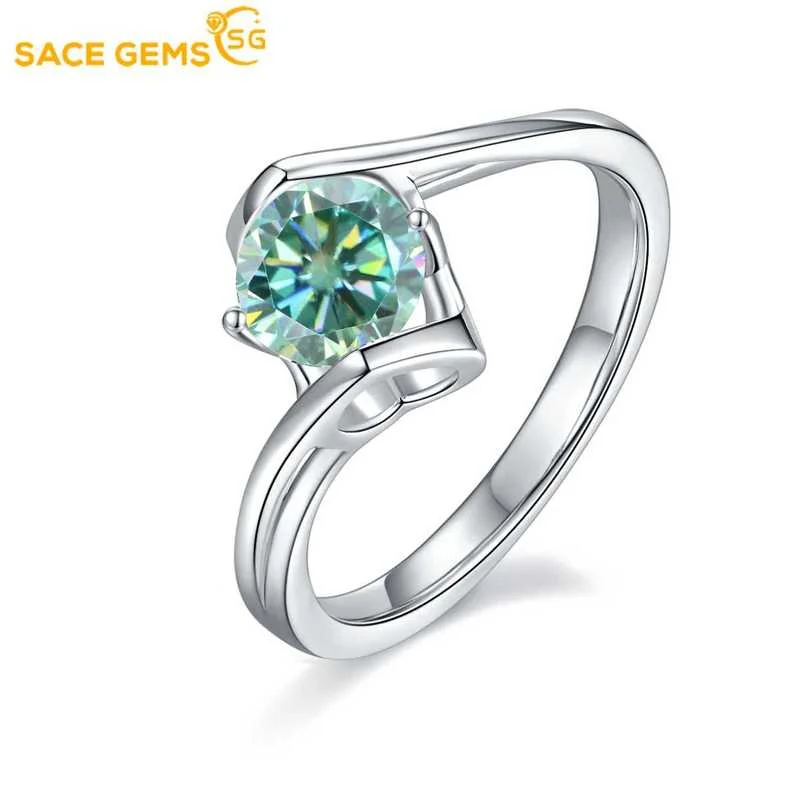 

SACE GEMS 1 Carat Green Moissanite Ring with Certificate 925 Sterling Silver Rings for Women Wedding Party Fine Jewelry Gift