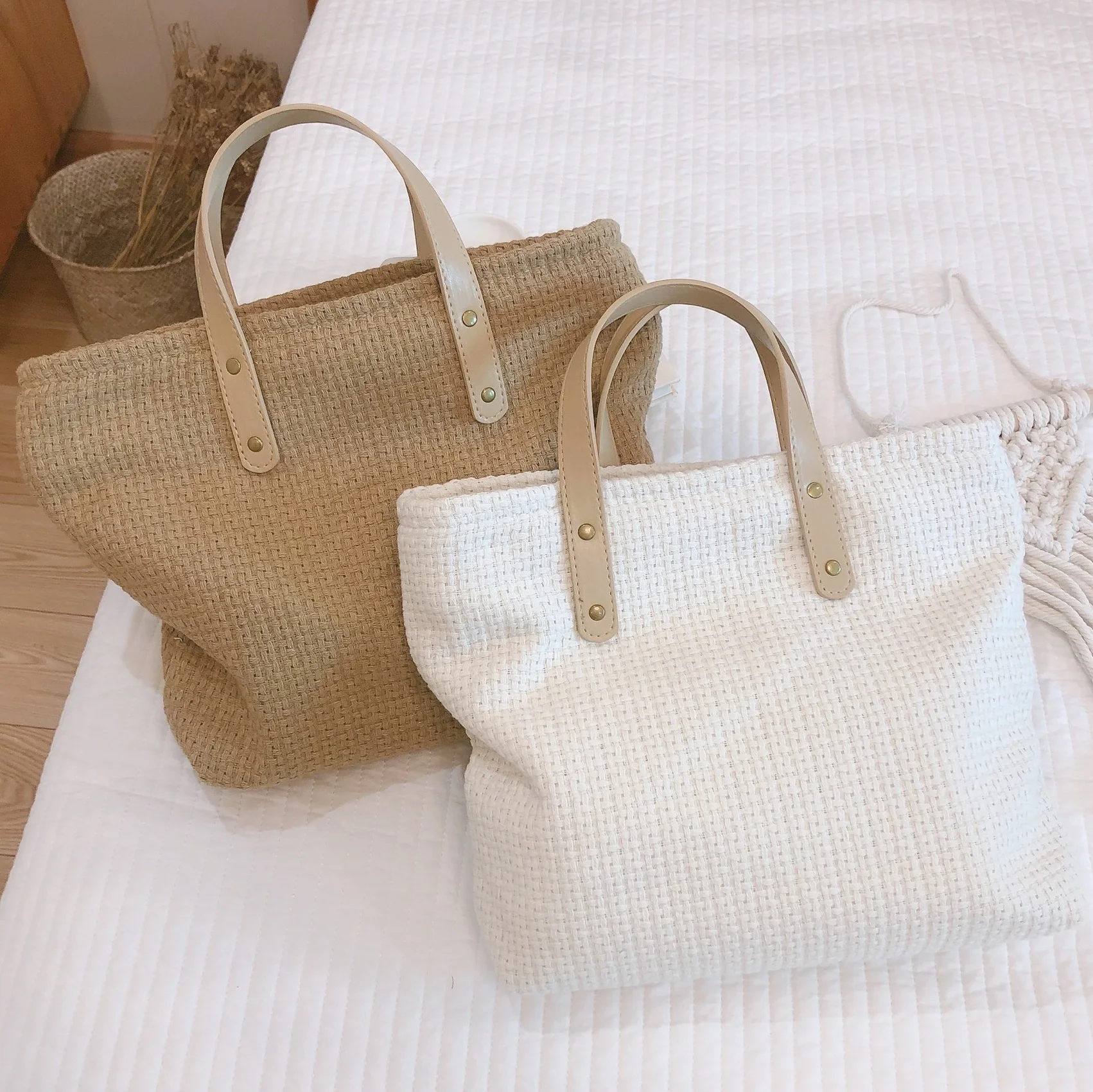 

Small Knitted Canvas Tote Girl Fashion Women Handbags Solid Color Shopper Bag Vintage Simple Student Book Satchesl Mommy Clutchs
