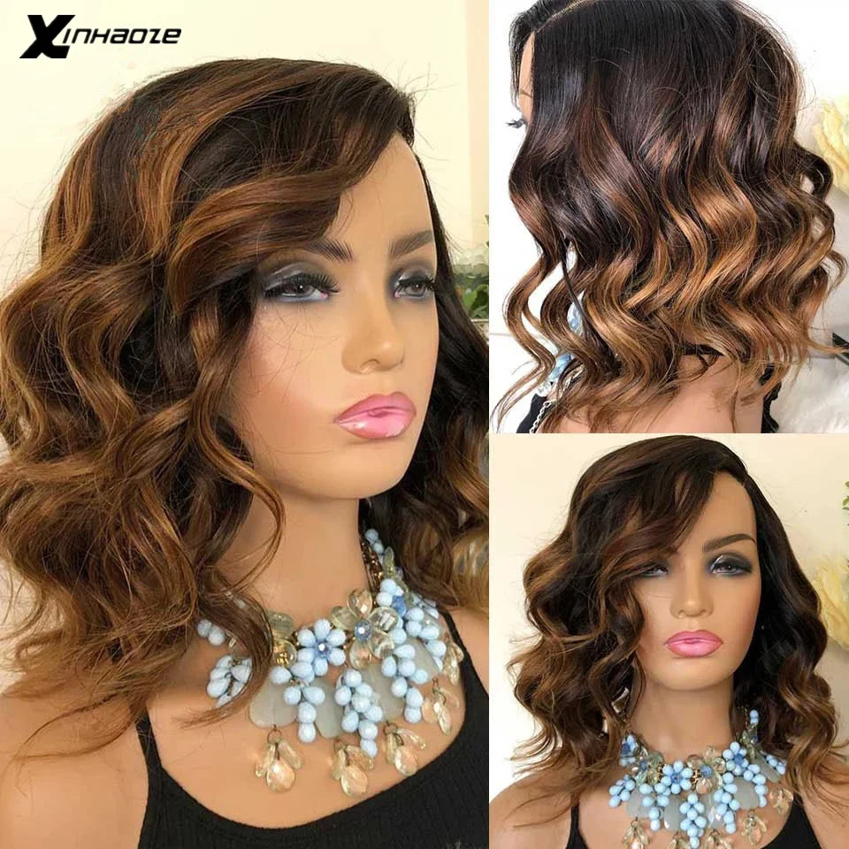 Short Bob Wave Human Hair Lace Front Wigs Brown Blonde Highlights 13x4 Lace Frontal Wigs Remy Hair Wavy 150% 5x5 Silk Top Wigs