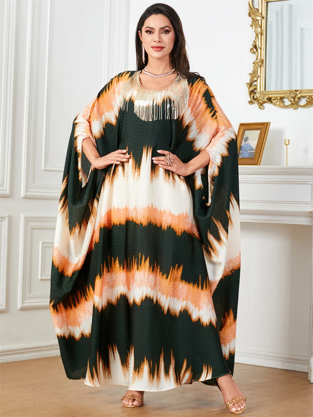 Новинка 2024 Черное макси-платье с рукавом летучая мышь роскошное мусульманское