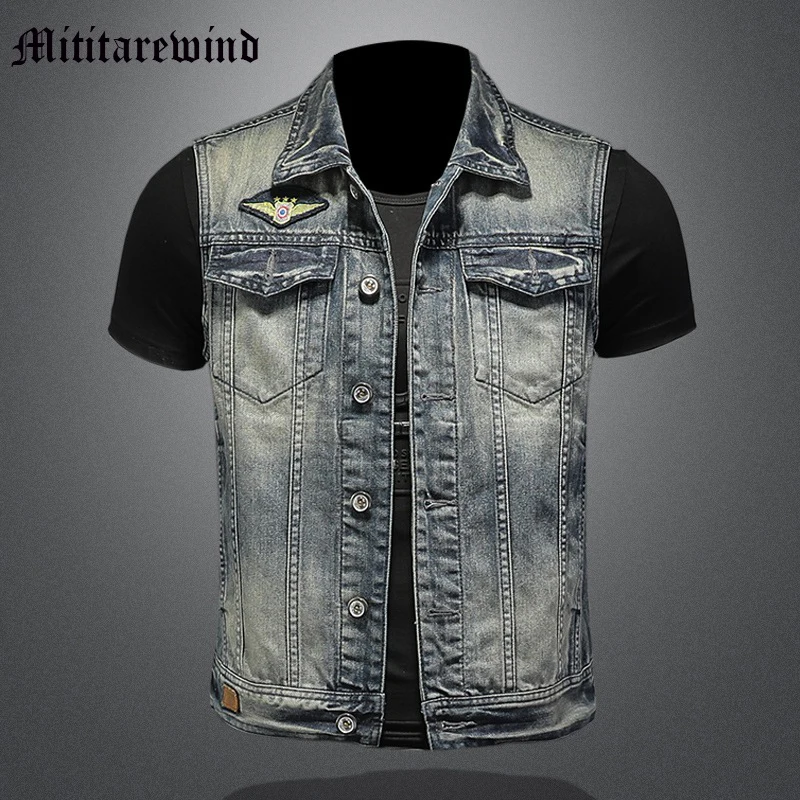 

Винтажные куртки в европейском стиле с нашивками Y2k, модные мужские пальто, уличный синий жилет в стиле ретро, одежда в стиле хип-хоп, Классическая молодежная одежда