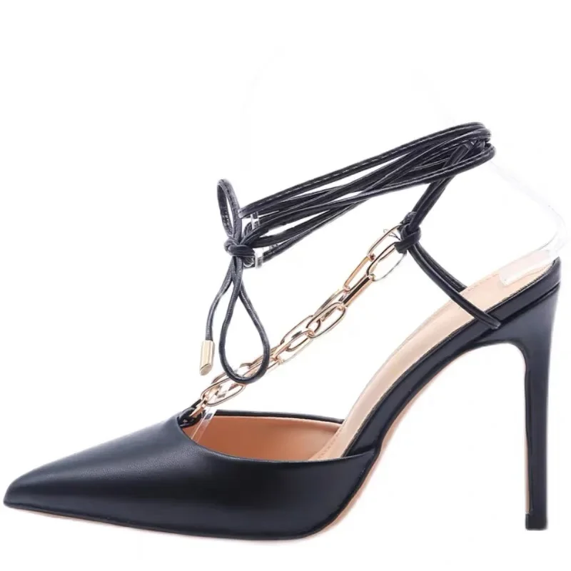 Pointed Toe Stiletto Chain High Heels Black Cross Strap Sandals Metal Decoration Mules Thin Heel Shallow Women Shoes Talon Femme