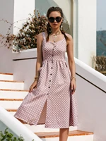 simplee casual polka dot dress sleeveless holiday style high waist buttoned womens dress fashion mid length summer dresses