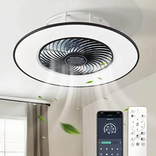 

Peofile Ciling Fan with Lights - Modern Bladeless Ceiling Fan with Remote Control - Smart LED Dimmable Lighting Indoor Low Profi