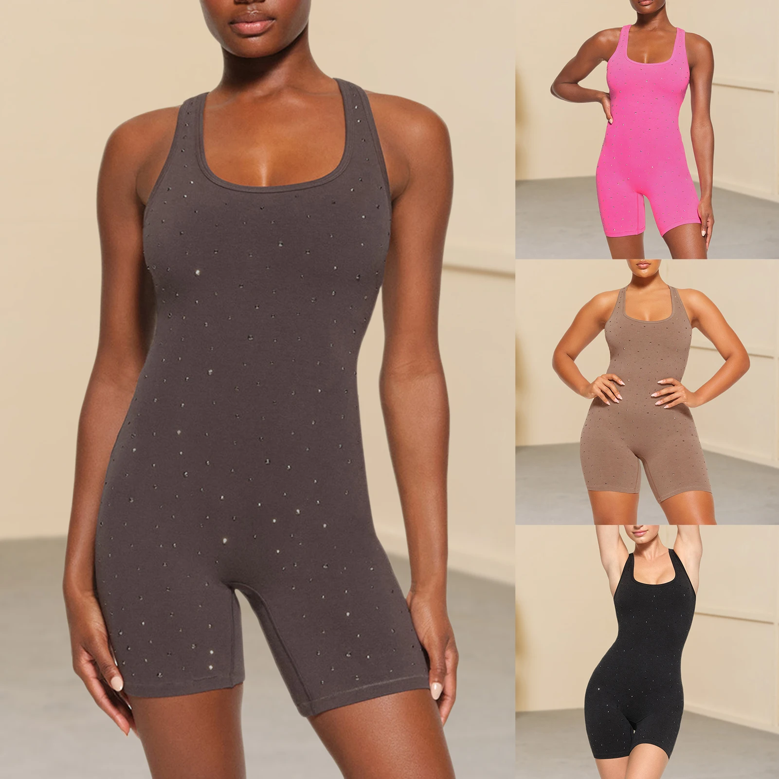

Women Short Bodycon Jumpsuit Solid Color Sexy Yoga Rompers Tight-fitting Soft Breathable Sequin Rhinestone Clubwear Bodysuit