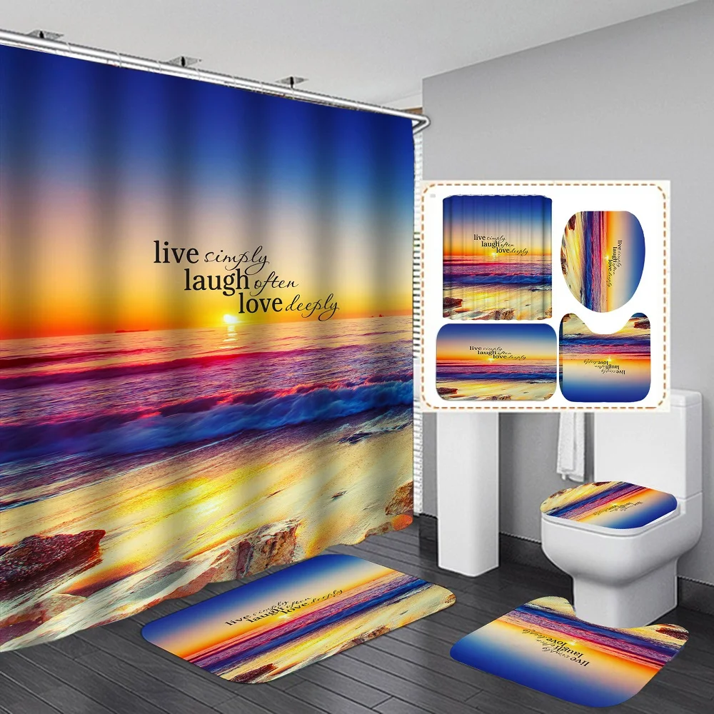 

Beach Ocean Seascape Shower Curtain Sets with Non-Slip Rugs Toilet Lid Cover Bath Mat Ocean Waves Sunset Clouds Nature Scenery