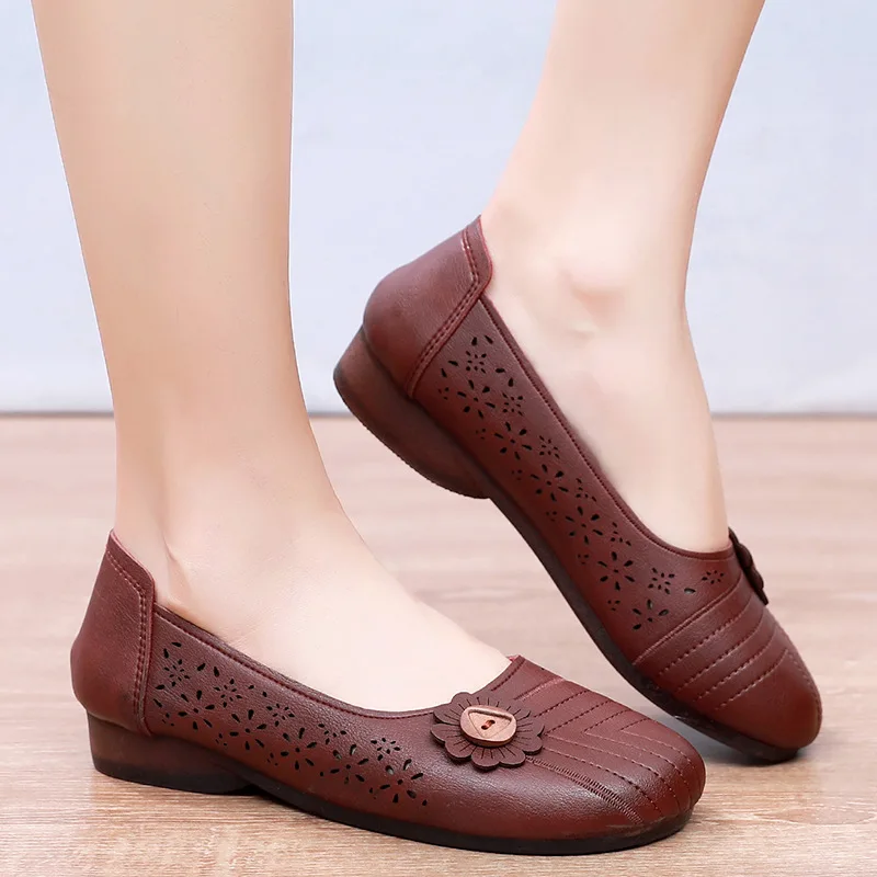 Hollow-out Leather Women Loafers Summer Breathable Ballet Flat Shoes Ballerina Moccasins Slip on Casual Round Toe Woman Flats