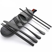 8pcsset tableware reusable travel cutlery set camp utensils set with stainless steel spoon fork chopsticks straw portable case