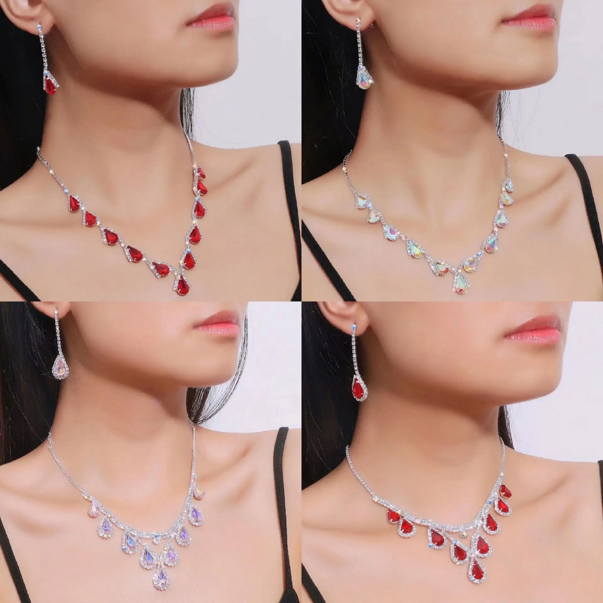 

New European and American Bridal Necklace Set High-end All-match Crystal Color Collarbone Chain Earrings Two-piece Set