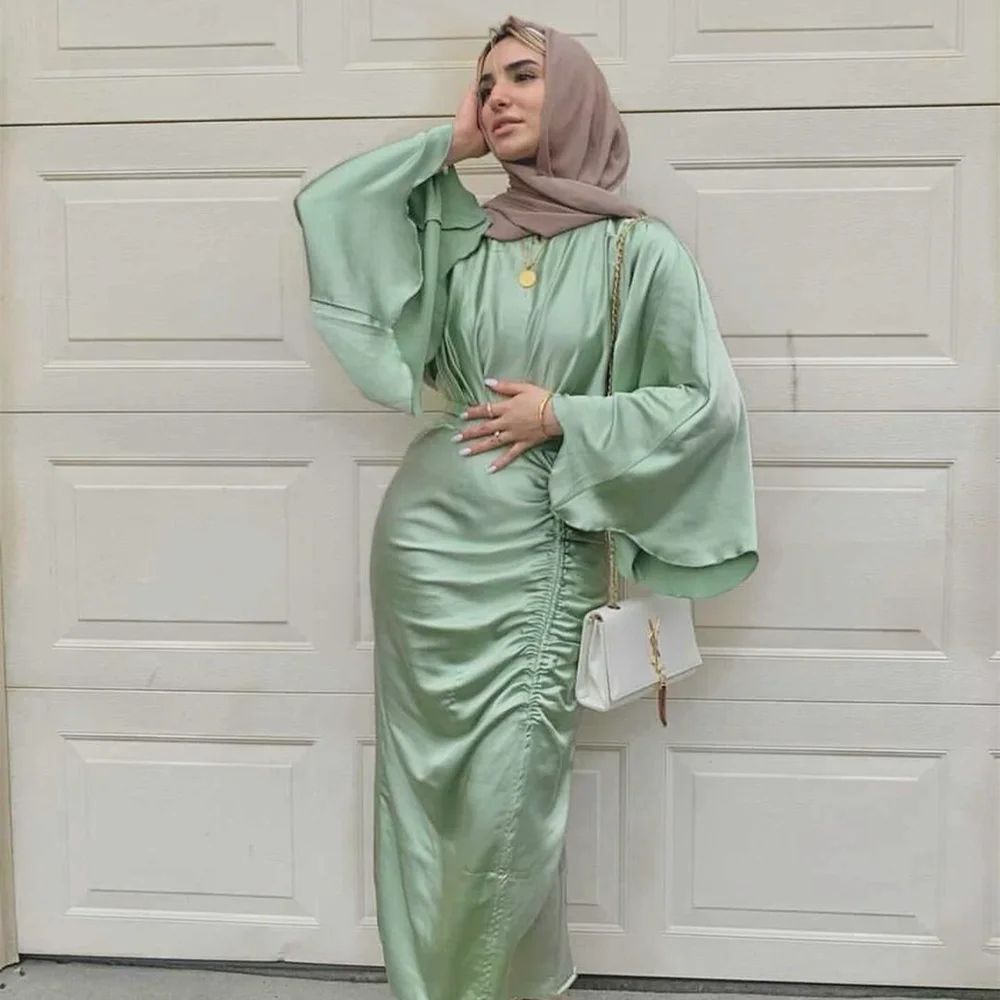 Атласное мусульманское женское платье, летнее модное облегающее длинное платье с высокой талией, Дубайская абайя, Турция, ислам, одежда, веч...