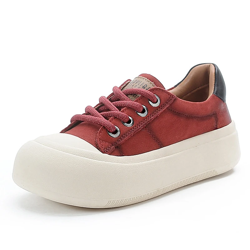 Autuspin 2023 Solid Color Cow Leather Women Sneakers Casual Flat Platform Ladies Four Season Lace-Up Shoes Outdoor Size 35-40