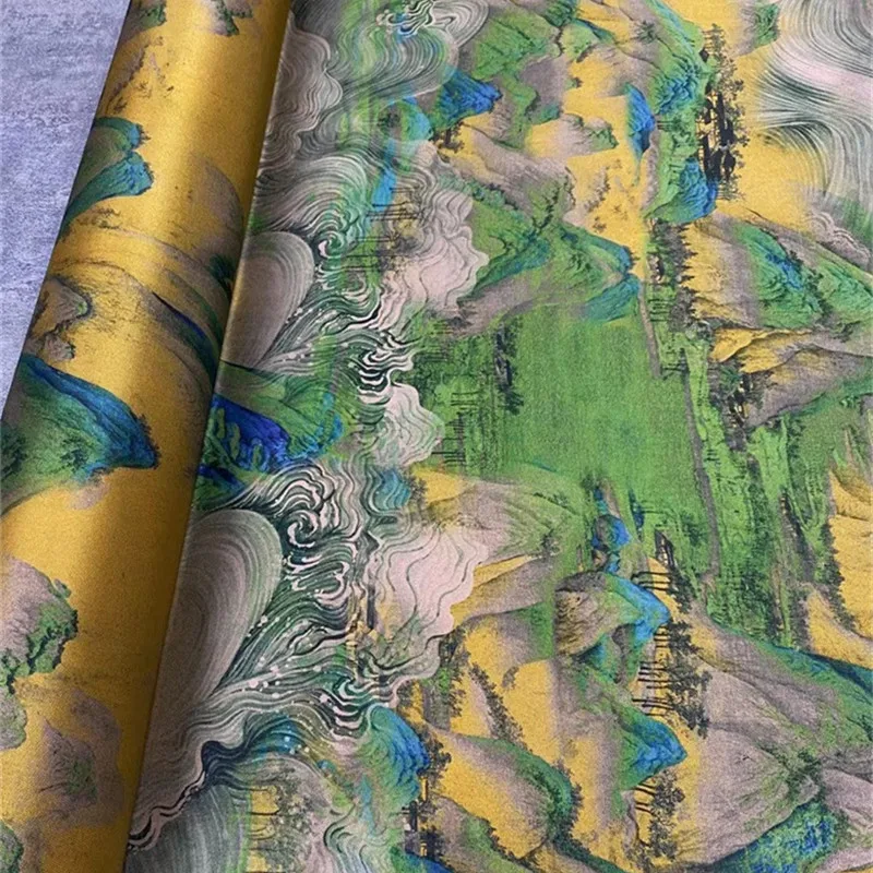 

2022 New Landscape Painting Twill Stretch Silk Fabric Haute Couture Dress Shirt Cheongsam Mulberry Silk Fabric Sewing Designer
