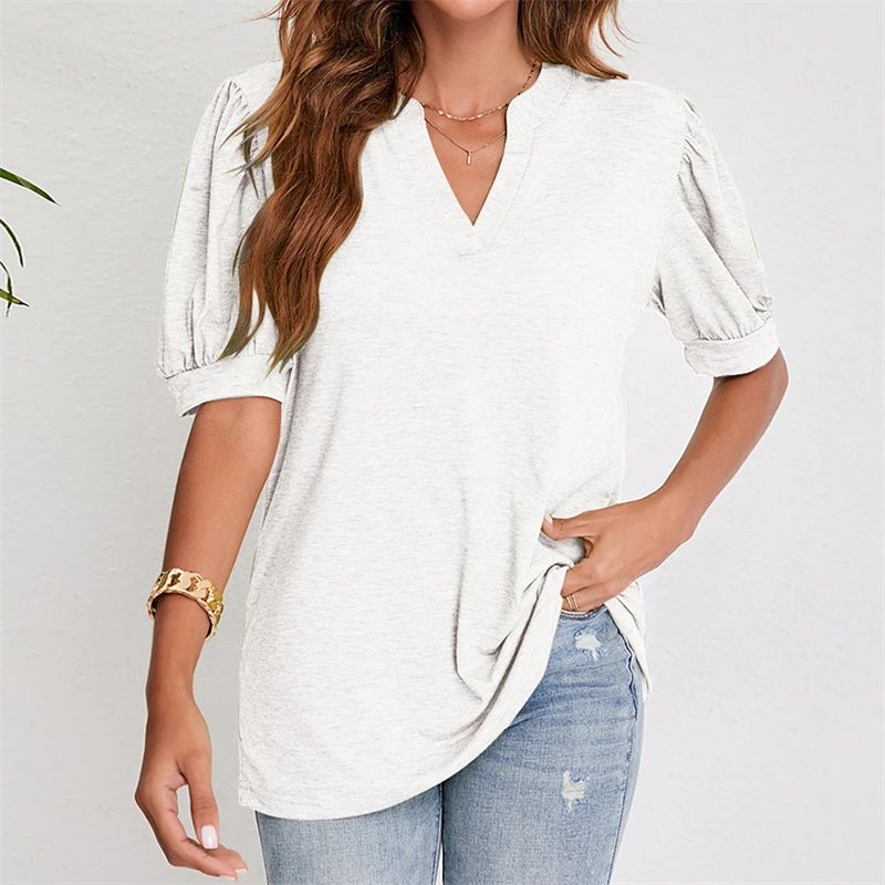 

2022 Fashion Summer Women's New V-neck Short Sleeve Sweet Loose Solid Color Versatile Simple T-Shirt Top Solid Color