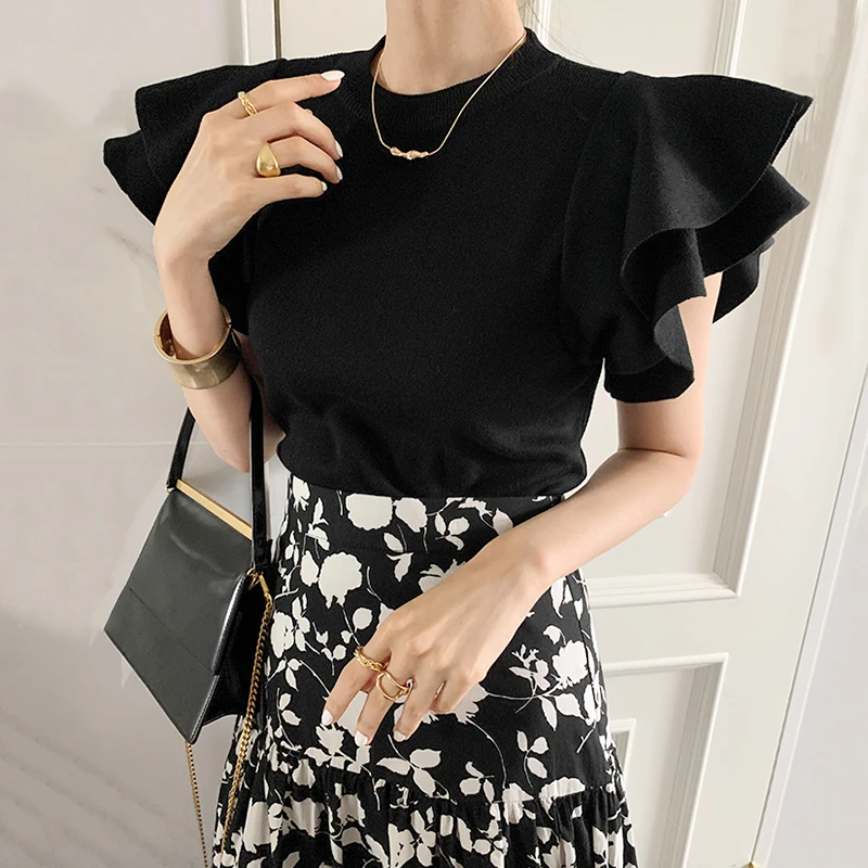 

O Neck Tops Elegant Chic Double Layer Ruffled Flying Sleeves T Shirt Women Solid Temperament Simple T Shirts Korean Fashion