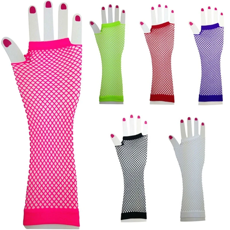 

Women Fancy Dress Fishnet Gloves 1 Pair Neon Colours Short Fingerless Mittens Mesh Gloves Short Gloves for theme Party