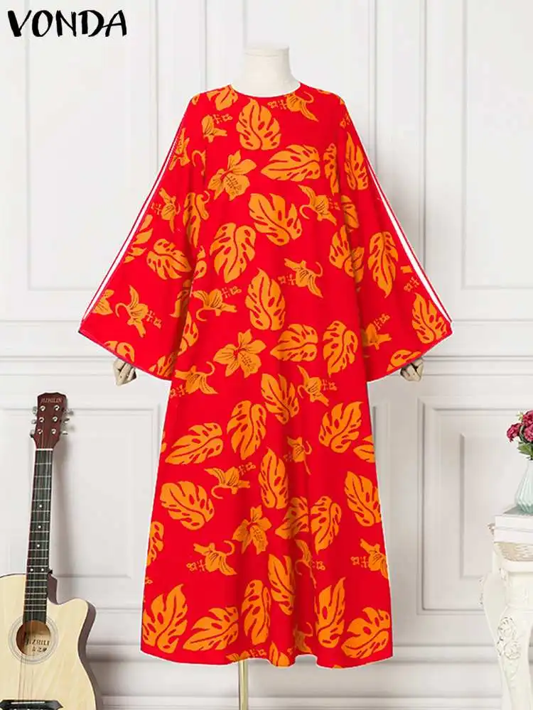 Plus Size 5XL Summer Sexy Flare Sleeve Maxi Dress 2023 VONDA Women Bohemian Casual O Neck Printed Long Sleeve Party Sundress