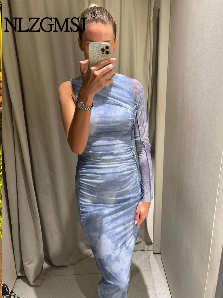 

Nlzgmsj TRAF 2023 Spring Autumn Women Dress Print Silk Screen Tulle Asymmetrical Dress Slim Party Long Midi Dress Female