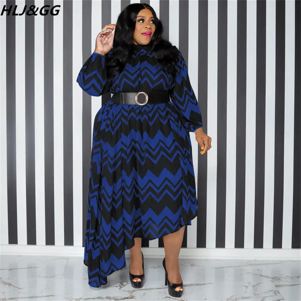 HLJ&GG Elegant Stripe Print Belt Dresses Women Long Sleeve Loose Irregularity Dress Vestidos Fall Female Plus Size Clothing 5XL