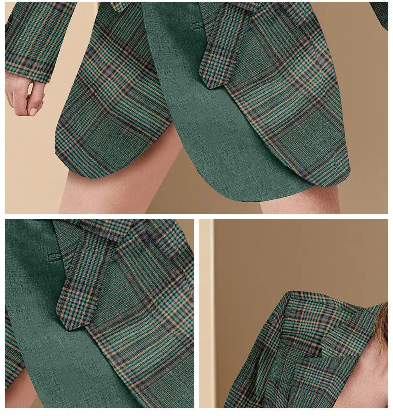 \New Fashion Plaid Long Blazer Women's Spring Jacket Coat Sashes Patchwork Loose Blazers Ladies Autumn Casual Blazer Office Lady